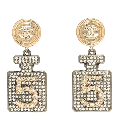 Chanel Crystal CC No 5 Perfume Bottle Drop Earrings Gold Silver 1 of 4