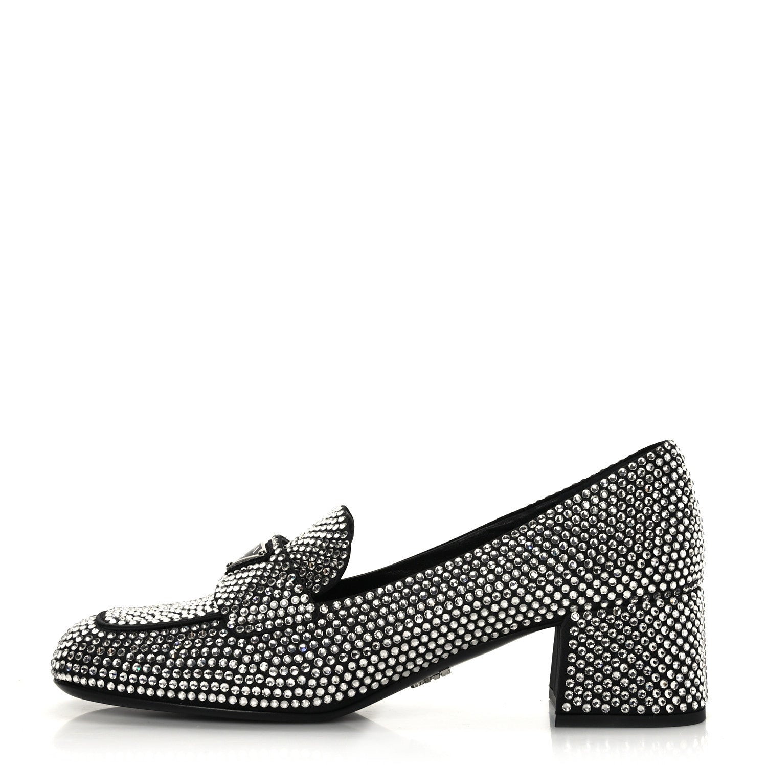 Prada Satin Crystal Metal Triangle Logo 45mm Block Heel Loafers 36.5 Cristal 1 of 7