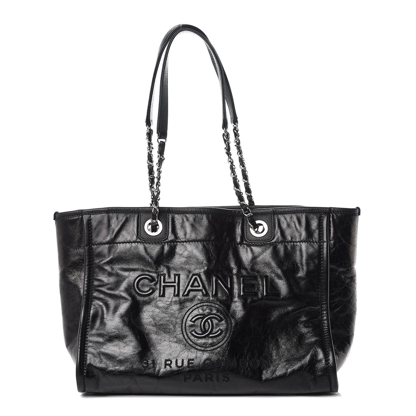 Glazed Calfskin Small Deauville Tote Black