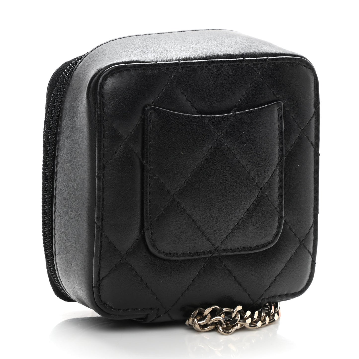 Calfskin Quilted Cambon Zip Around Makeup Pouch Black White