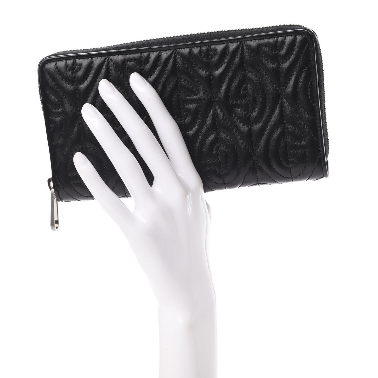 Calfskin G Rhombus Quilted Zip Around Wallet Black