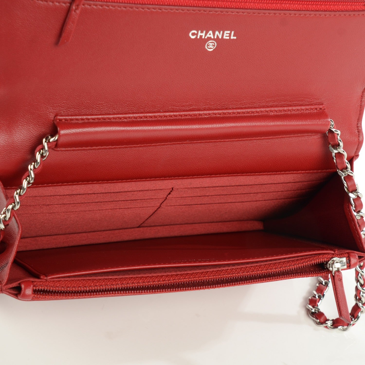 Chanel Lambskin Camellia Embossed Wallet On Chain WOC Red 6 of 9
