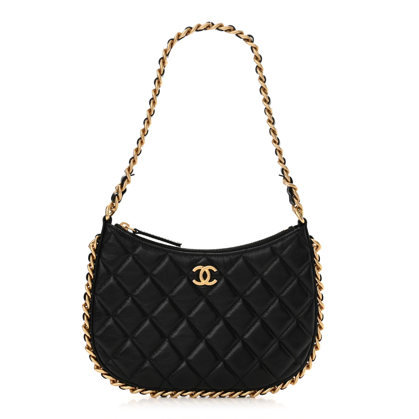 Shiny Crumpled Lambskin Quilted Trendy Chain Around Hobo Black