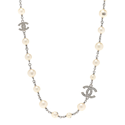 Chanel Graduated Pearl Crystal CC Long Necklace Silver 1 of 7