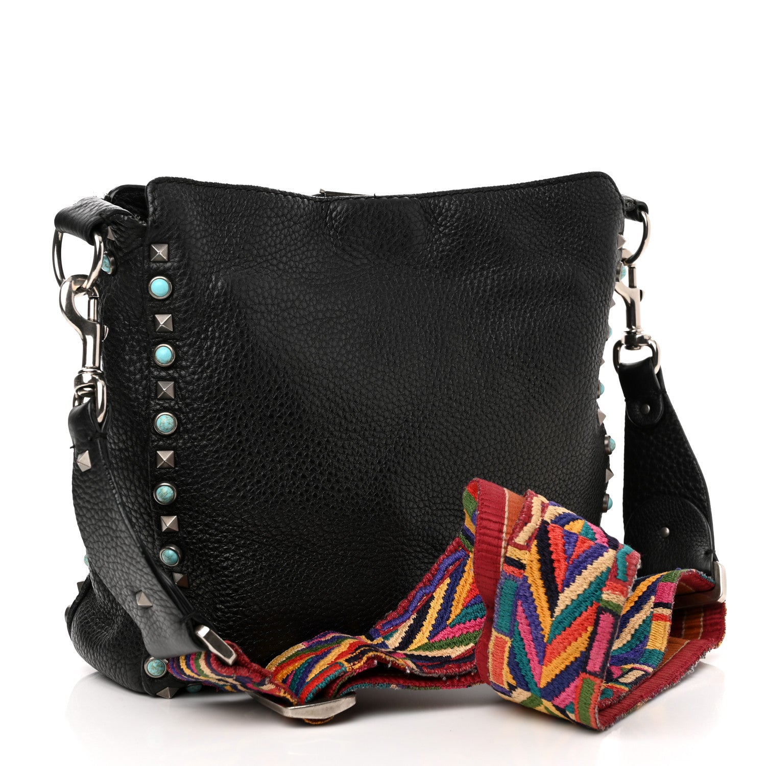 Valentino Garavani Pebbled Calfskin Tribal Small Guitar Strap Rockstud Rolling Flip-Lock Messenger Bag Black 3 of 10