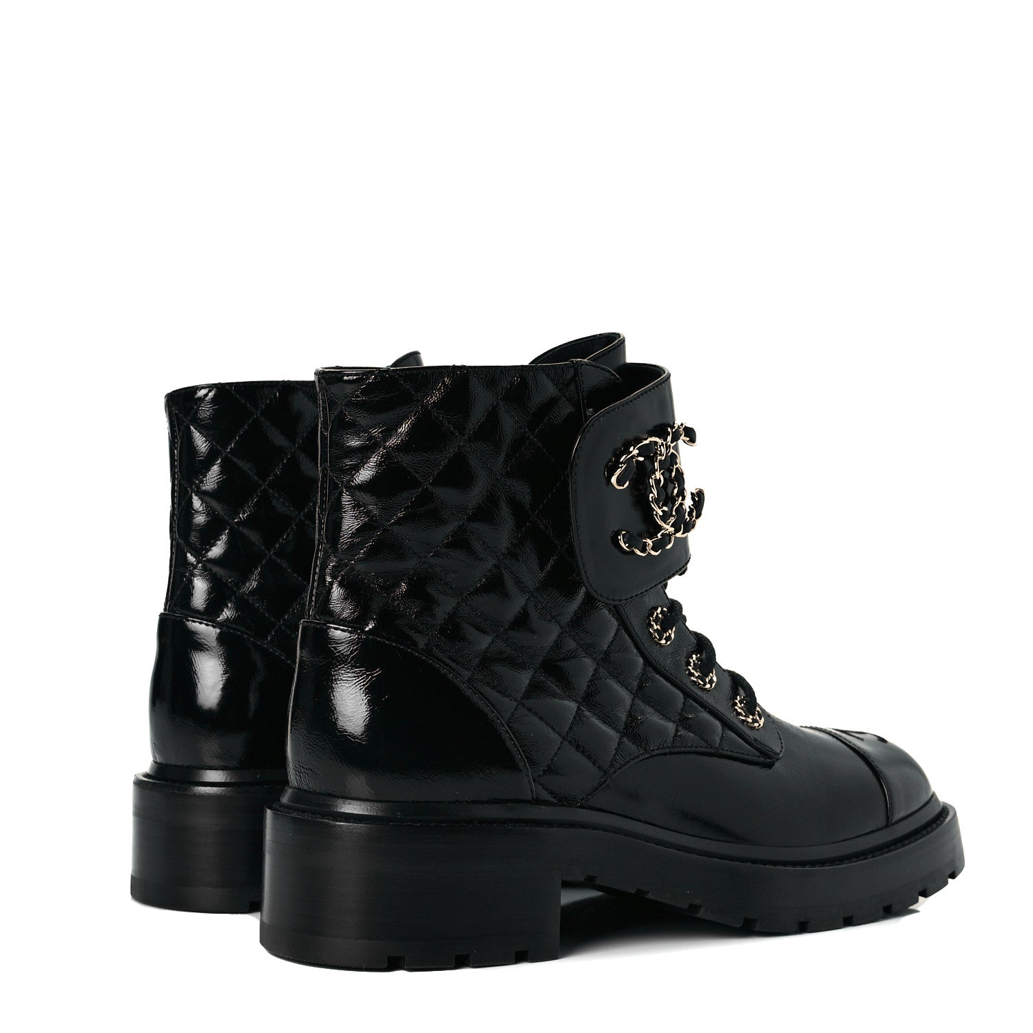 Chanel Shiny Calfskin Quilted Lace Up Combat Boots 39 Black 4 of 9
