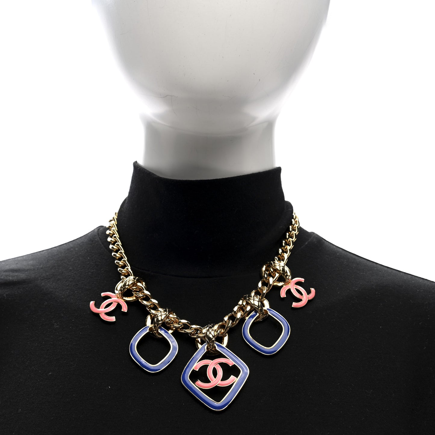Metal Enamel Quilted Chain CC Necklace Gold Blue Pink