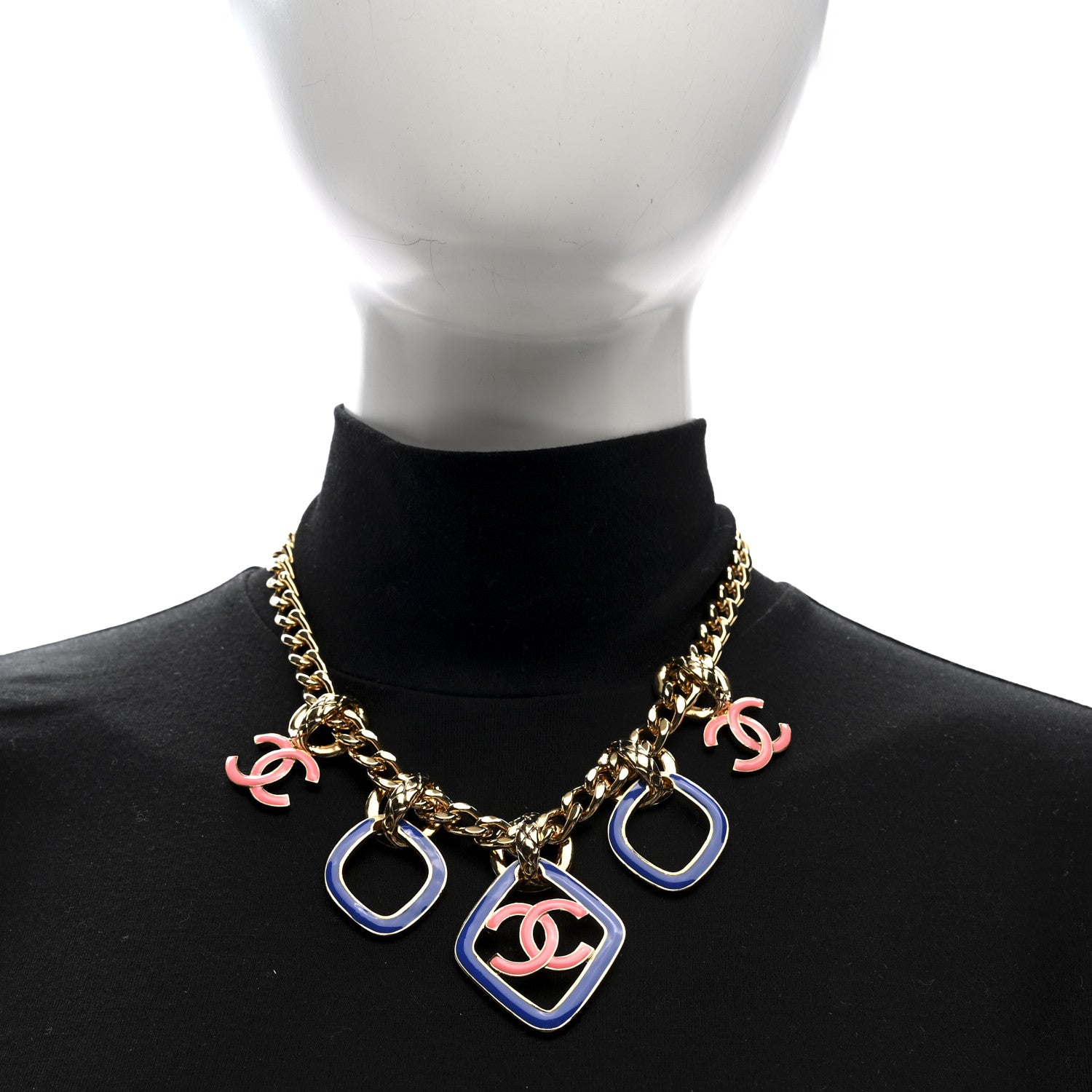 Chanel Metal Enamel Quilted Chain CC Necklace Gold Blue Pink 2 of 4