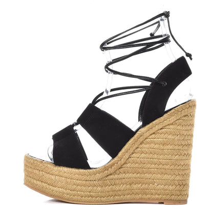 Saint Laurent Suede Espadrille Lace-Up Wedges 38.5 Black 1 of 8