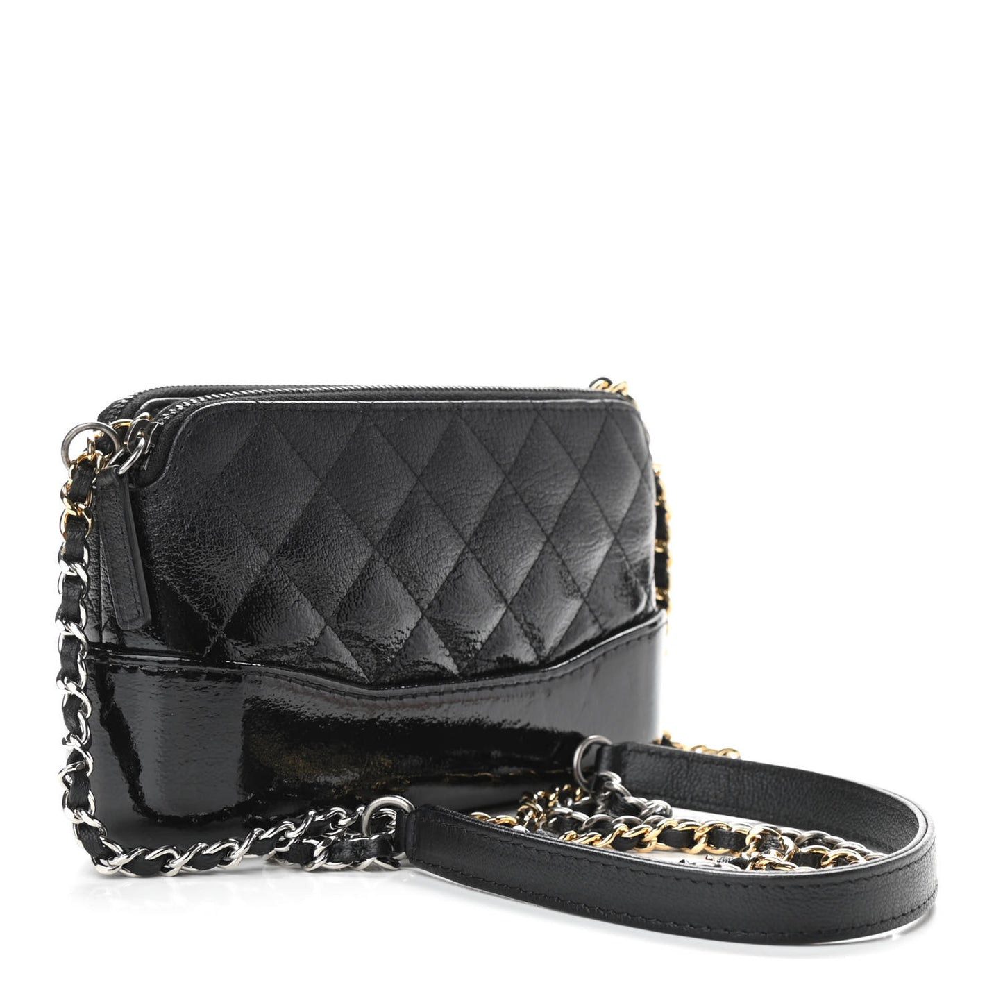 Patent Goatskin Quilted Small Gabrielle Clutch With Chain Black