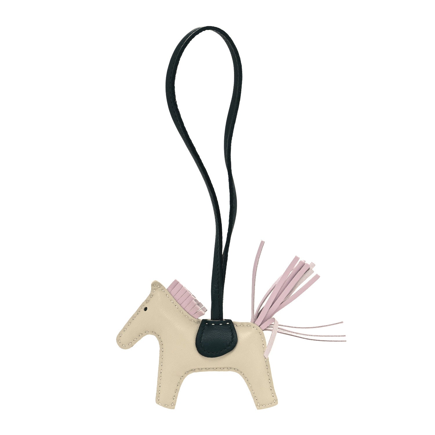 this is an image of an HERMES Milo Lambskin Grigri Rodeo Horse Bag Charm in size PM in the colors Craie Mauve Pale Vert Cypress by fashionphile