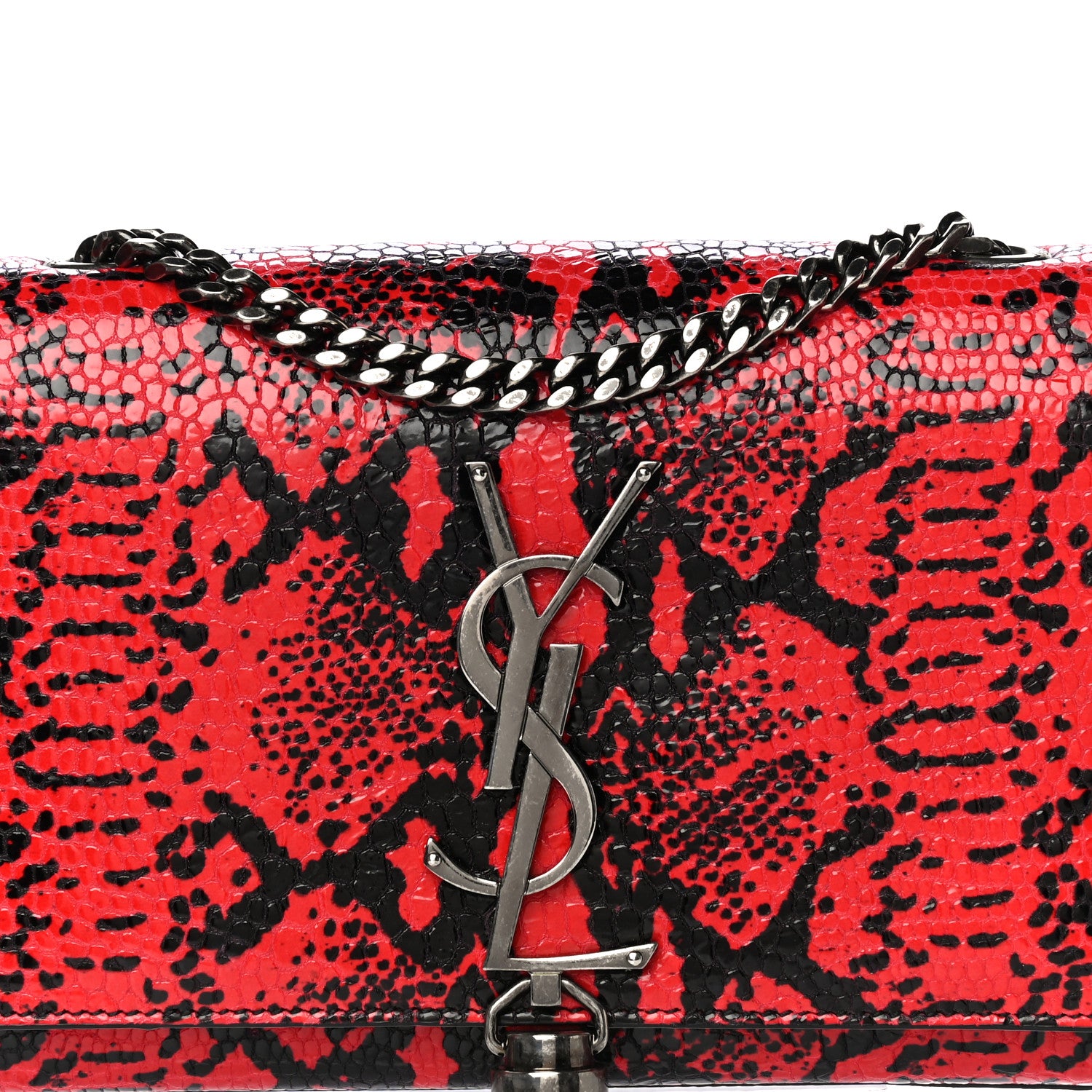 Saint Laurent Calfskin Snakeskin Embossed Small Classic Monogram Kate Tassel Satchel Red Black 6 of 8