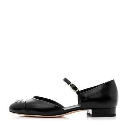 Chanel Glazed Calfskin Patent Cap Toe CC Mary Jane Flats 37 Black 1 of 9