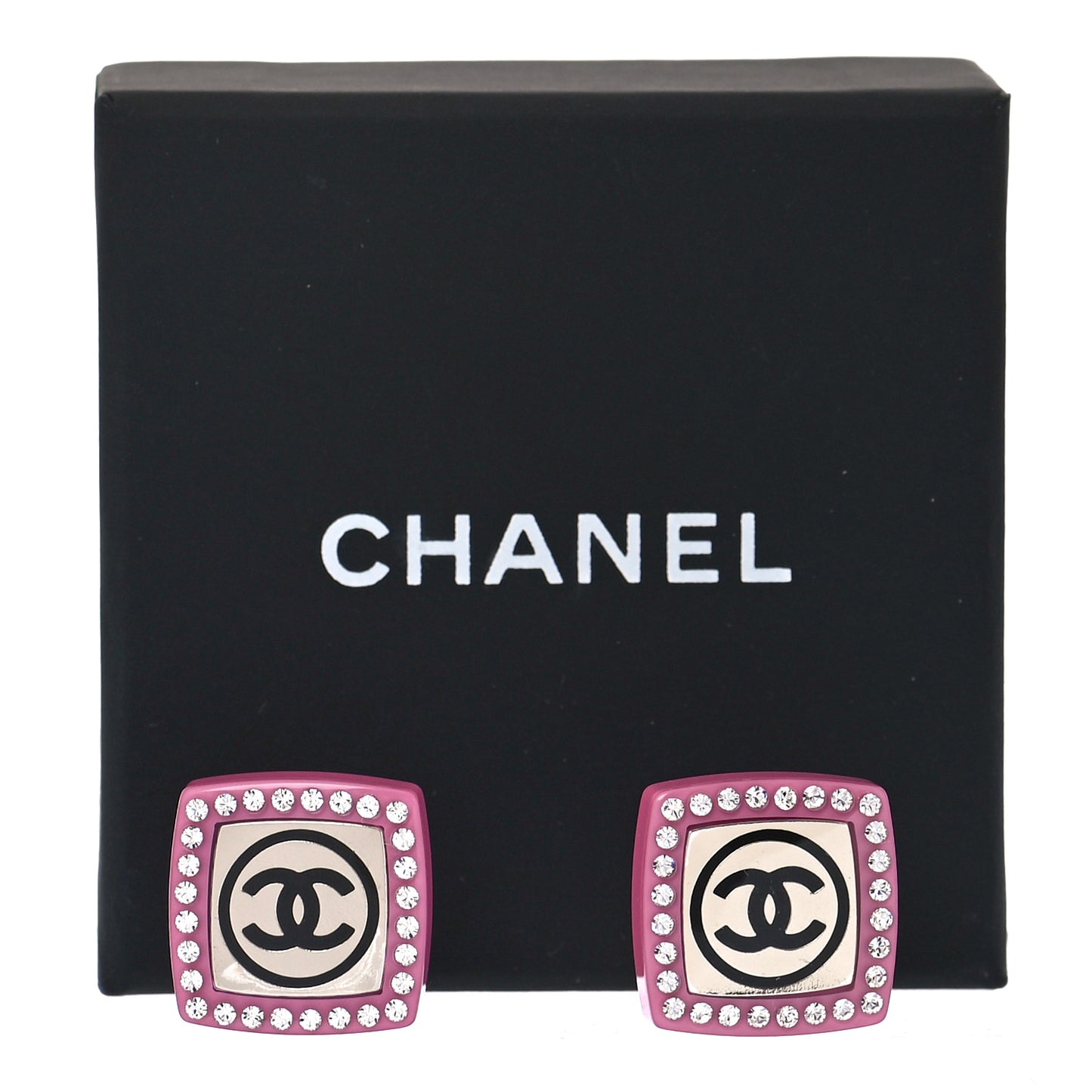 Metal Resin Crystal CC Square Earrings Gold White Pink