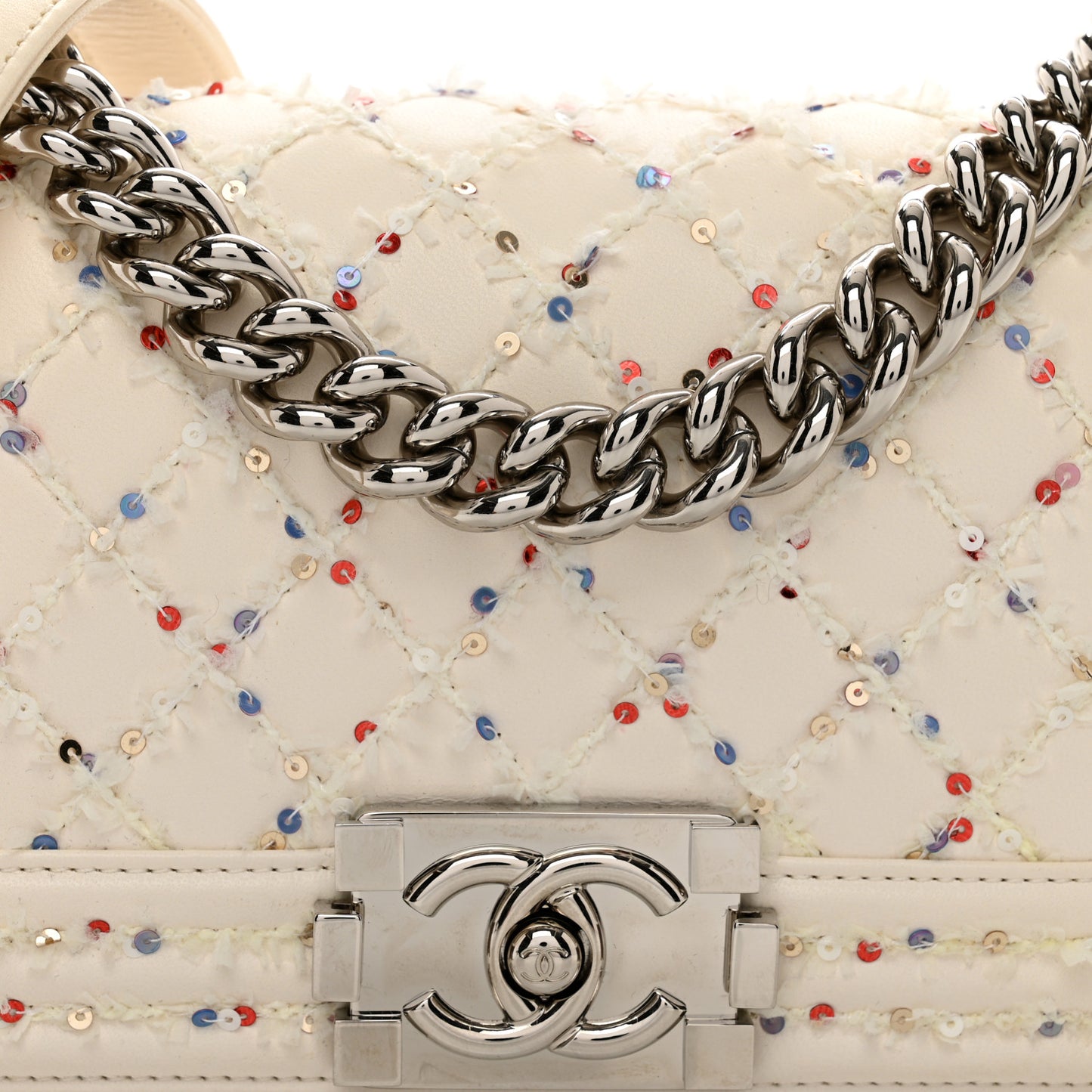 Lambskin Sequin Embroidered Small Boy Flap White Multicolor