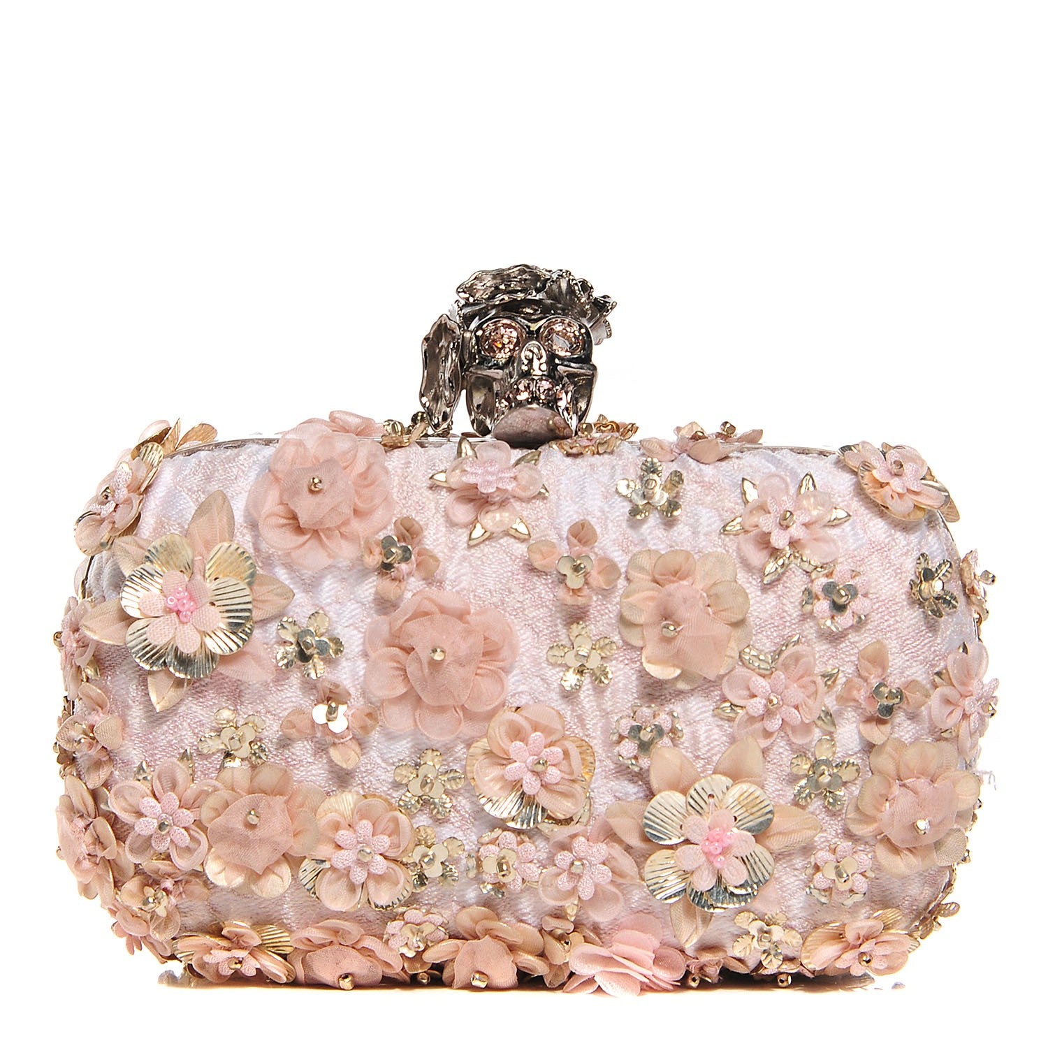 Alexander McQueen Flower Appliqued Silk Brocade Skull Box Clutch Pink 1 of 8