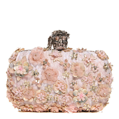 Alexander McQueen Flower Appliqued Silk Brocade Skull Box Clutch Pink 1 of 8