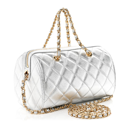 Chanel Metallic Caviar Quilted Barrel Clutch With Chain Silver 3 of 10