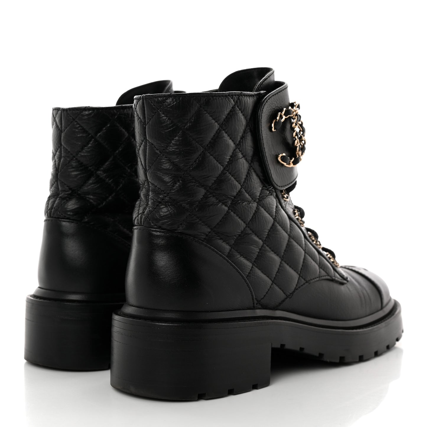Shiny Calfskin Quilted Lace Up Combat Boots 38 Black