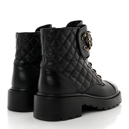 Chanel Shiny Calfskin Quilted Lace Up Combat Boots 38 Black 4 of 14