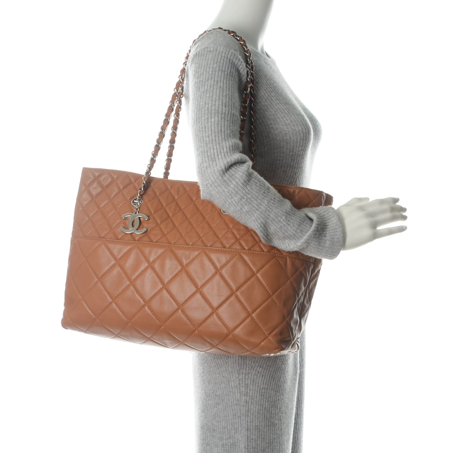 Calfskin Quilted Large In the Business Tote Dark Beige