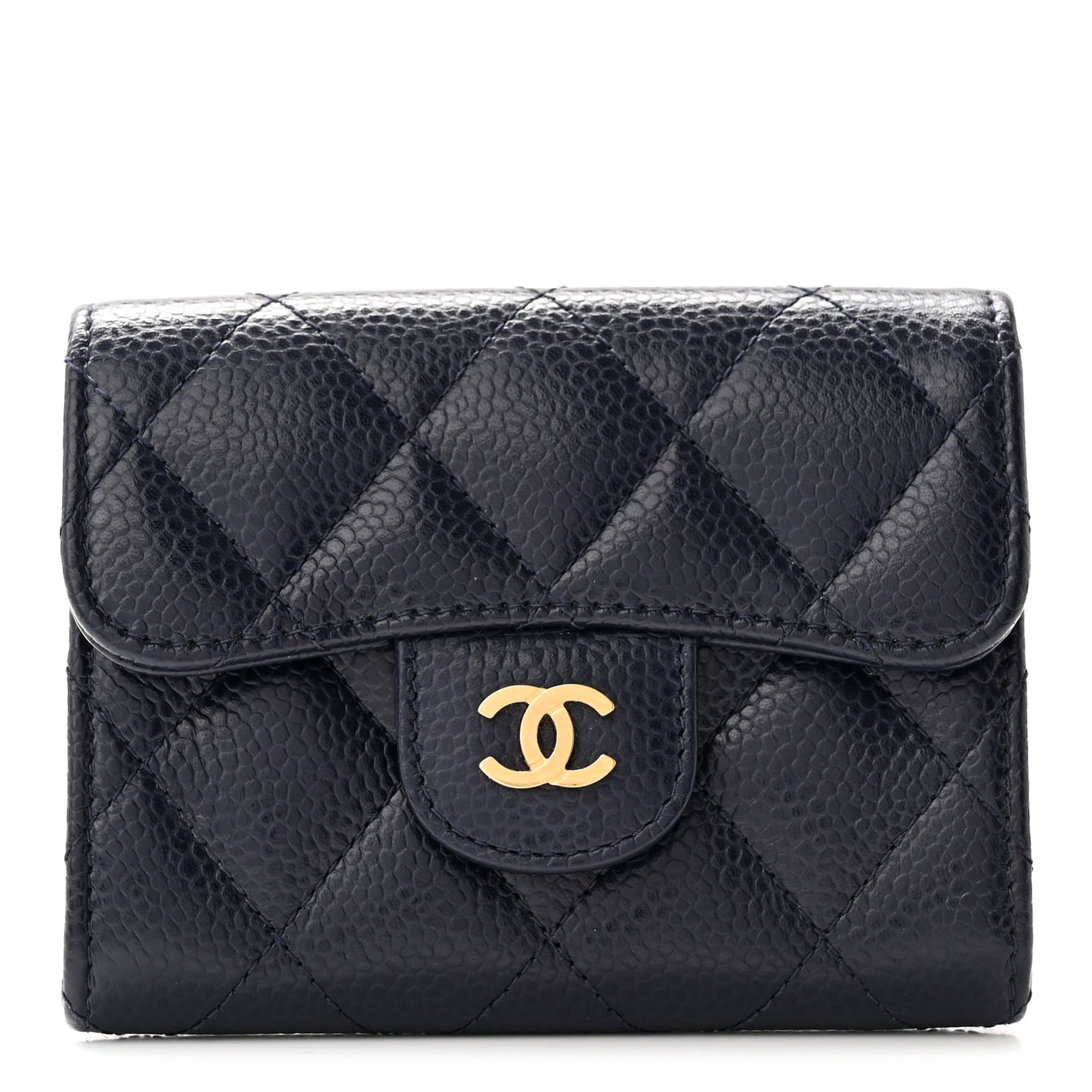 Caviar Quilted Flap Card Holder Wallet Navy