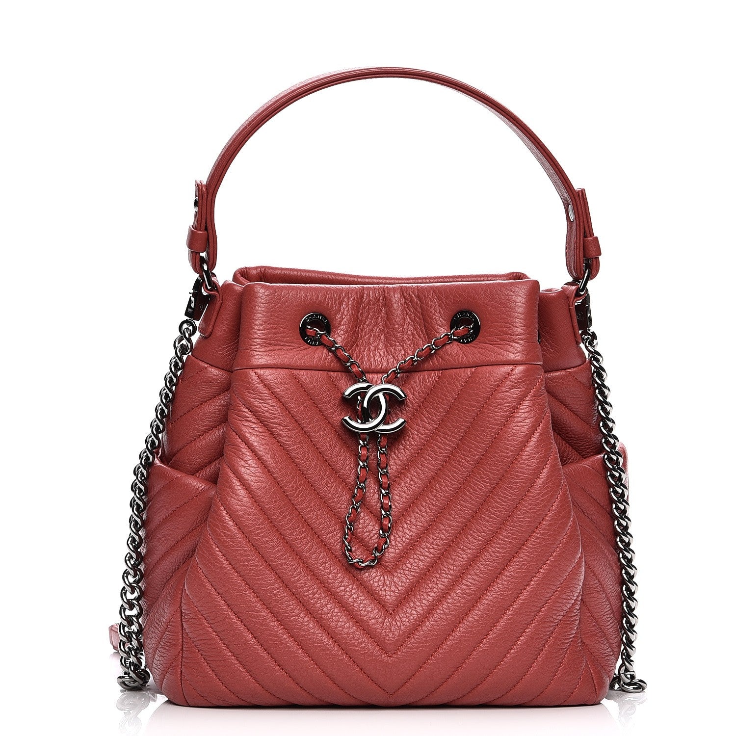 Chanel Deerskin Chevron Medium Chain Bucket Bag Coral 1 of 9