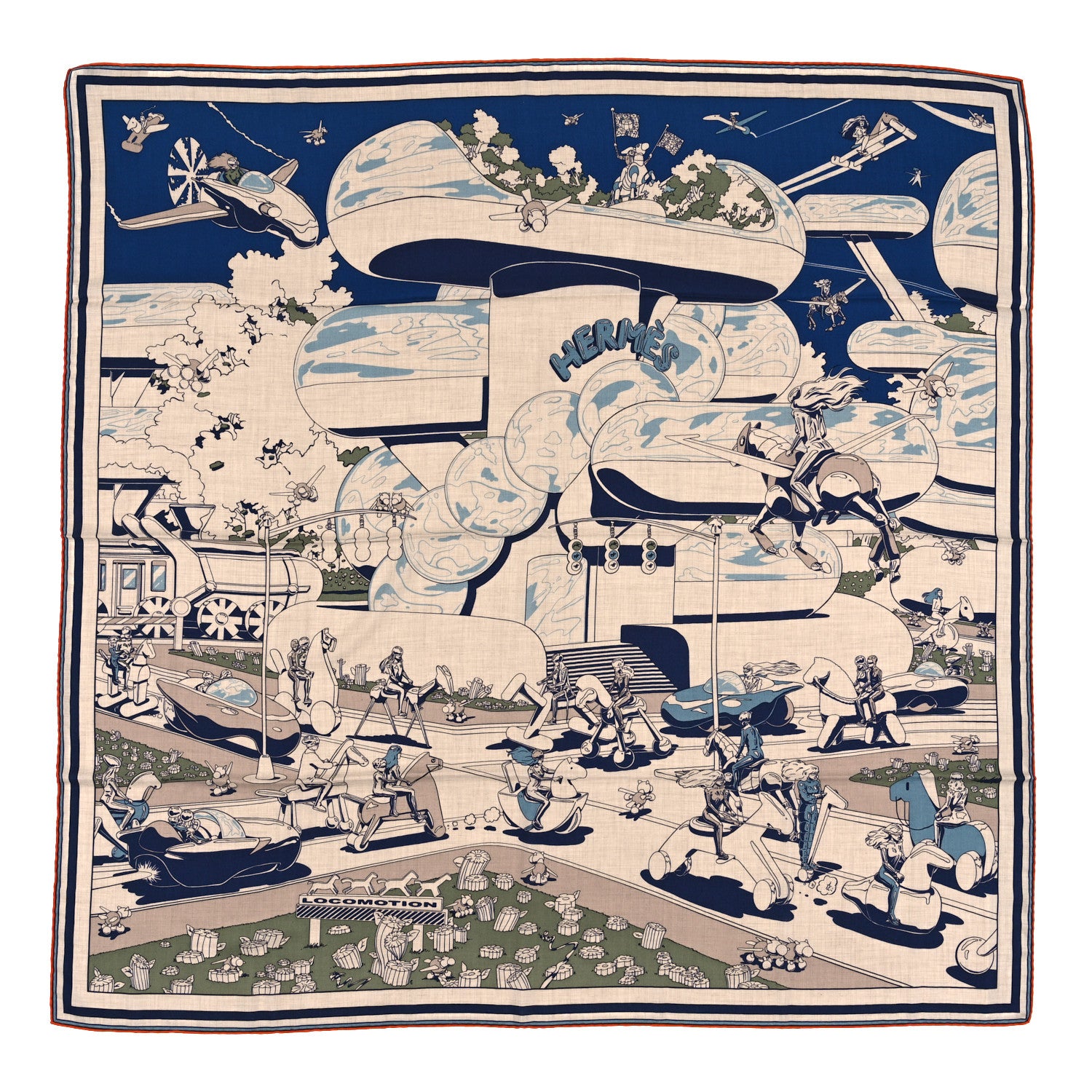 Hermes Cashmere Silk Locomotion Shawl 140 Marine Naturel Kaki 1 of 3