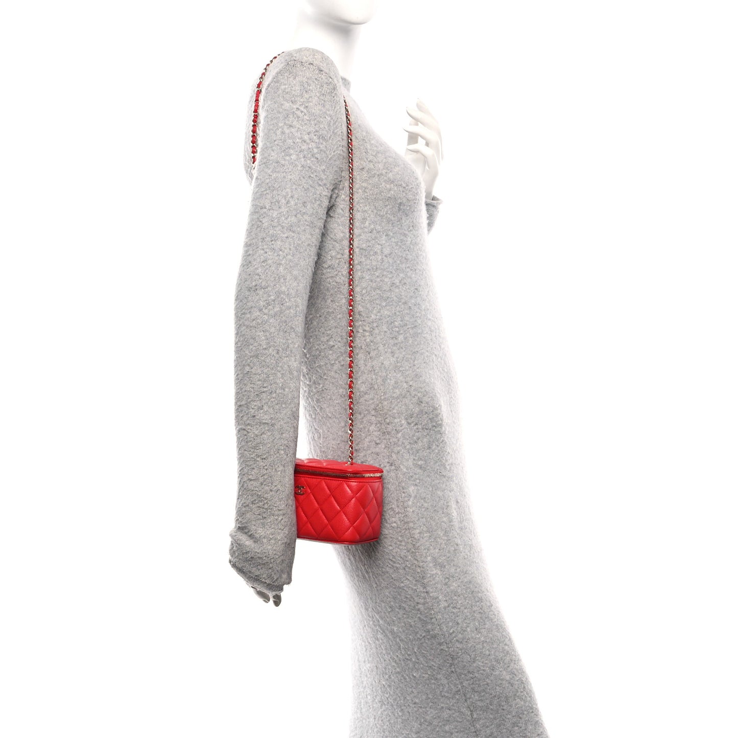 Caviar Quilted Small Vanity Case With Chain Red