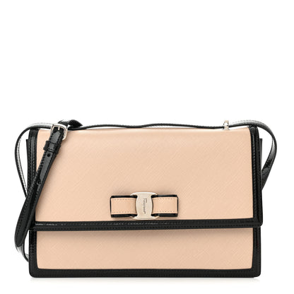 Salvatore Ferragamo Hammered Calfskin Vara Bow Shoulder Bag Beige Black 1 of 11