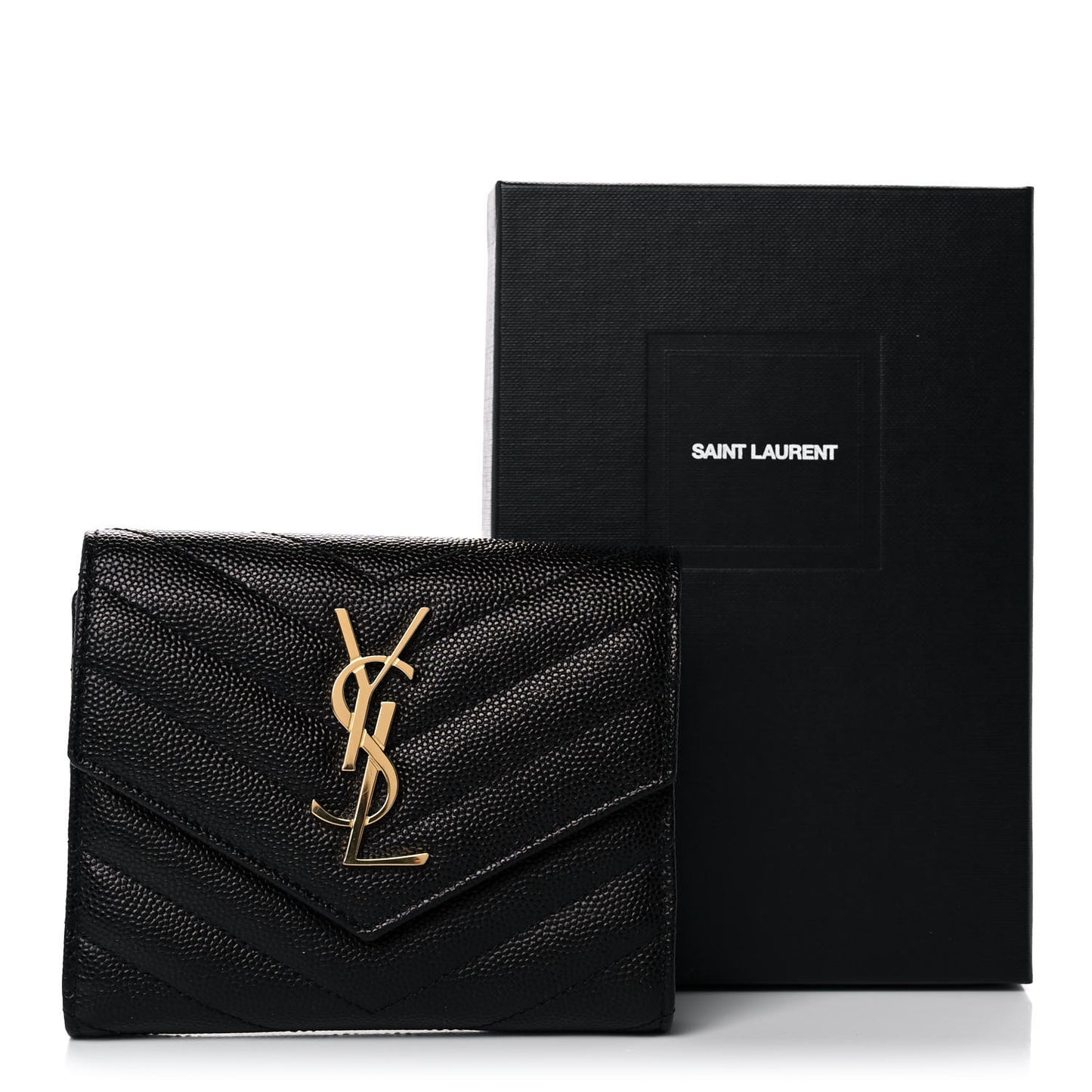 Grain De Poudre Matelasse Chevron Monogram Compact Tri Fold Wallet Black