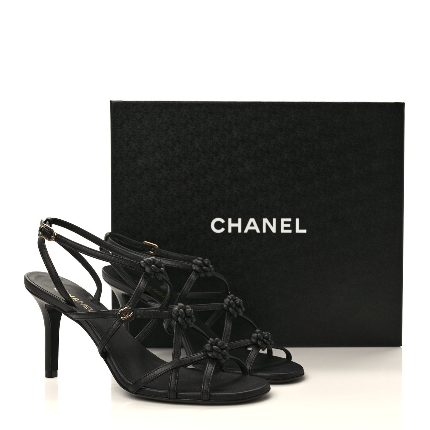 Calfskin Camellia Sandals 37 Black