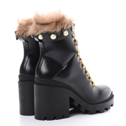 Gucci Magnum Calfskin Fur Pearl Lace Up Combat Ankle Boots 39 Black Naturale 4 of 8