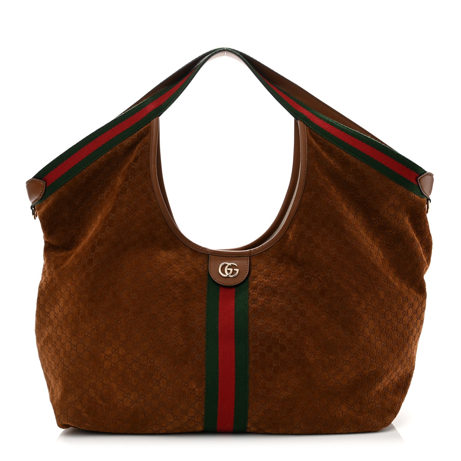 Gucci Suede GG Monogram Web Large Giglio Tote Brown 1 of 10