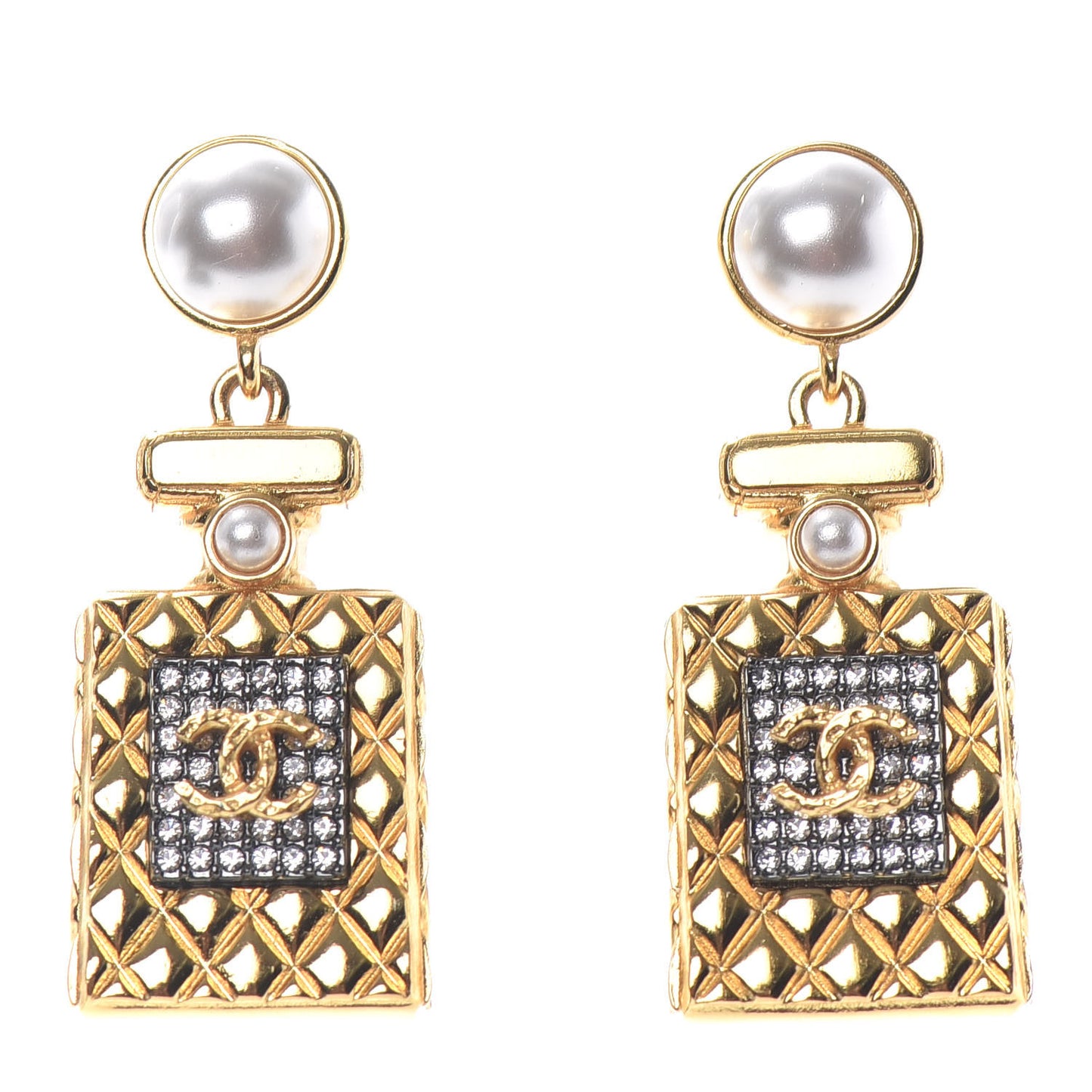 Crystal Pearl CC Perfume Bottle Drop Earrings Gold
