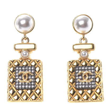 Chanel Crystal Pearl CC Perfume Bottle Drop Earrings Gold 1 of 4