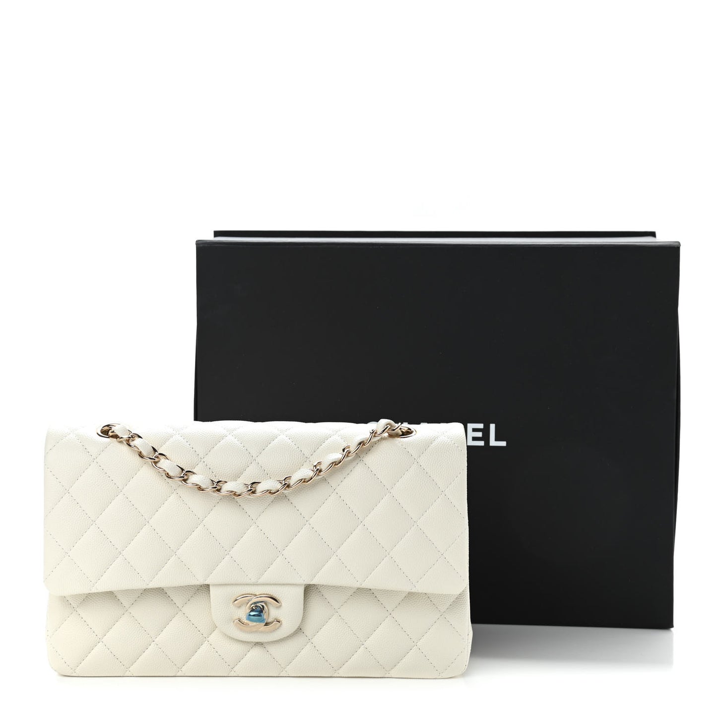 Caviar Quilted Medium Double Flap White