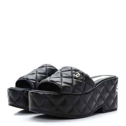 Chanel Lambskin Quilted CC Mules Wedge Sandals 36 Black 3 of 9