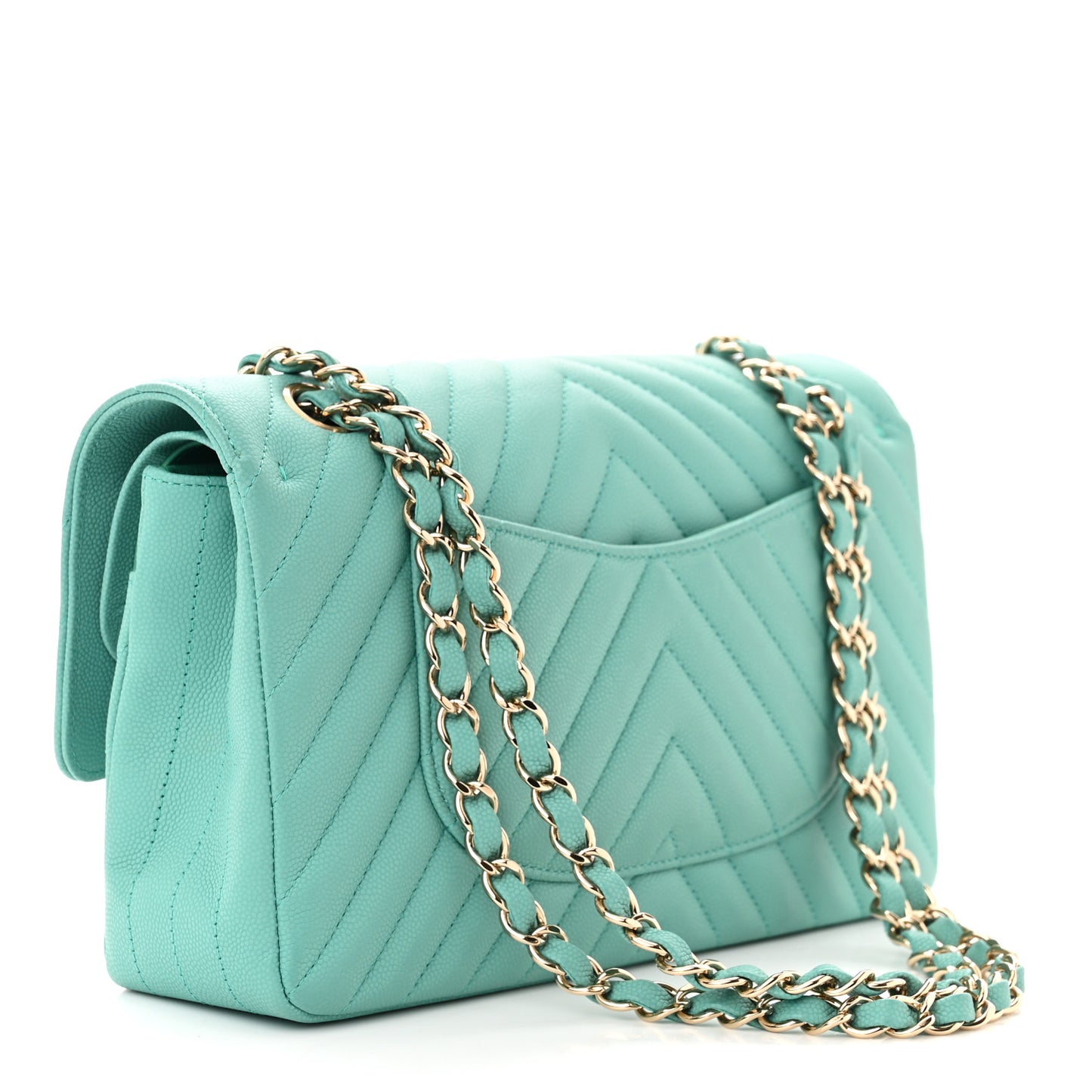 Caviar Flat Chevron Quilted Medium Double Flap Green