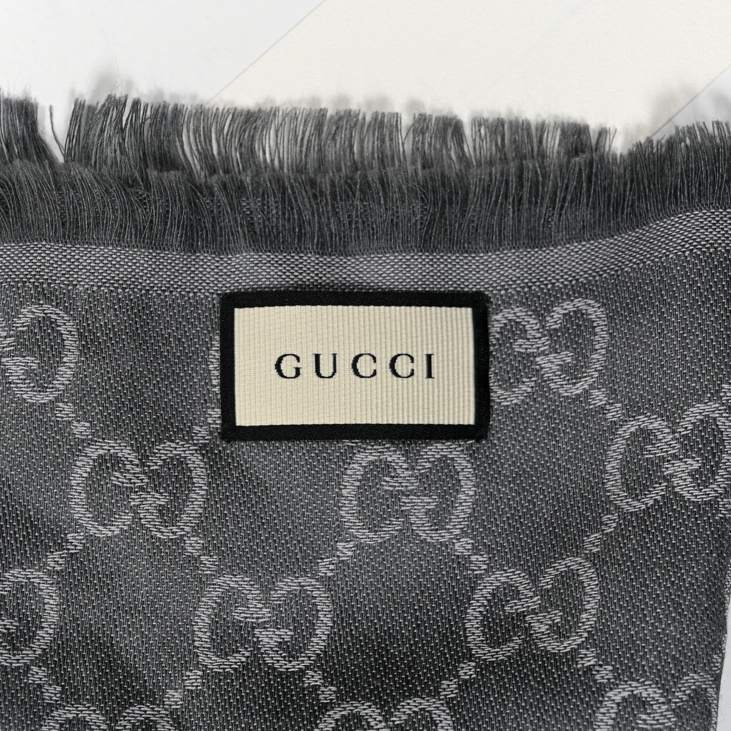 Wool Silk Monogram GGWeb Fringe Shawl Pearl Medium Grey
