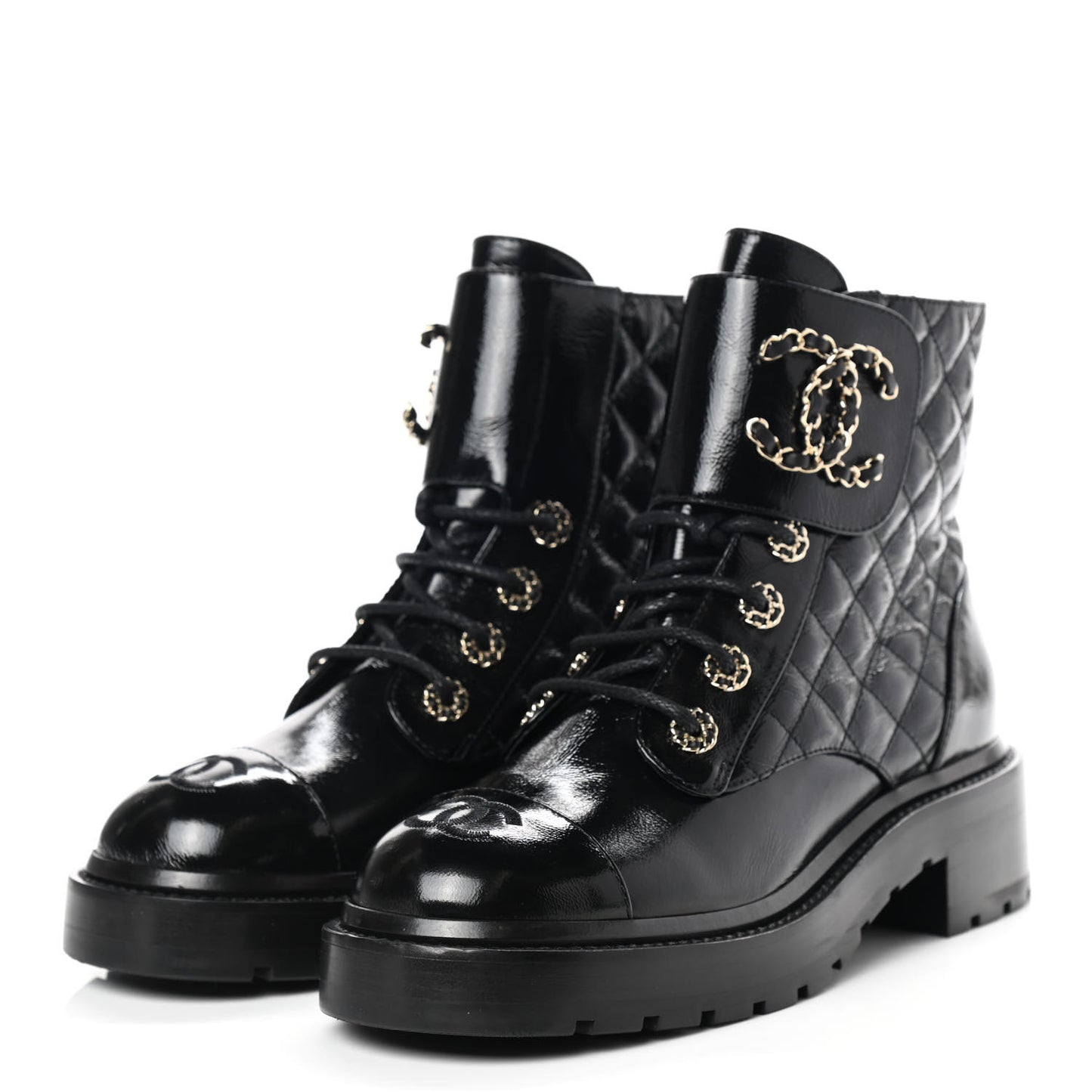 Shiny Calfskin Quilted Lace Up Combat Boots 37 Black