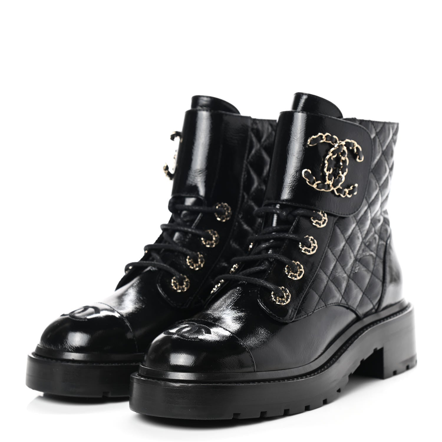 Chanel Shiny Calfskin Quilted Lace Up Combat Boots 37 Black 3 of 7