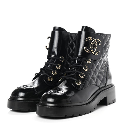 Chanel Shiny Calfskin Quilted Lace Up Combat Boots 37 Black 3 of 7