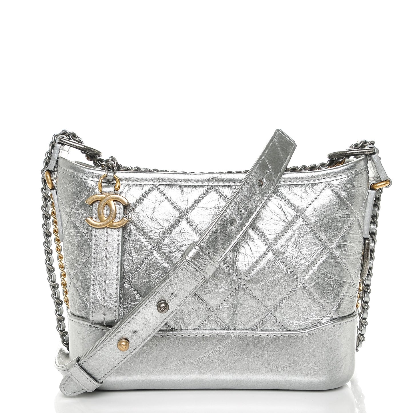 Metallic Aged Calfskin Quilted Small Gabrielle Hobo Silver