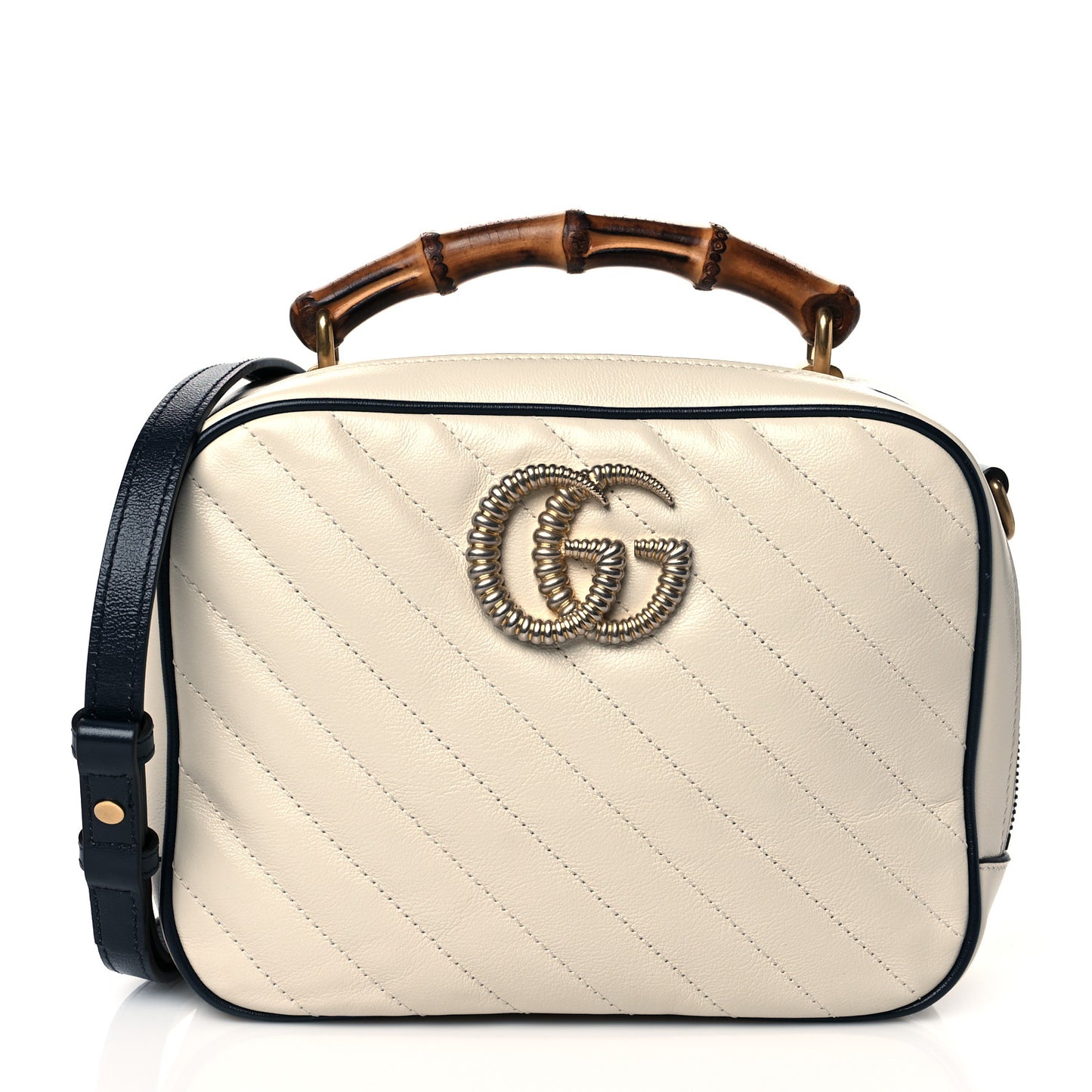 Vintage Effect Calfskin Matelasse Diagonal Small Torchon GG Marmont Bamboo Top Handle Shoulder Bag Mystic White Blue Agata