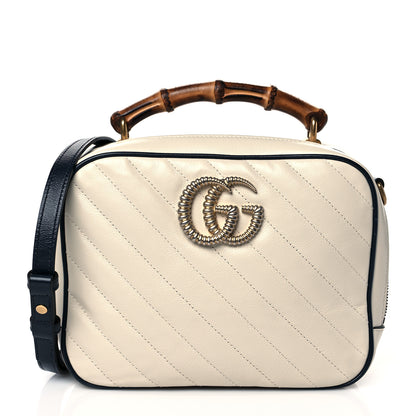 Gucci Vintage Effect Calfskin Matelasse Diagonal Small Torchon GG Marmont Bamboo Top Handle Shoulder Bag Mystic White Blue Agata 1 of 11