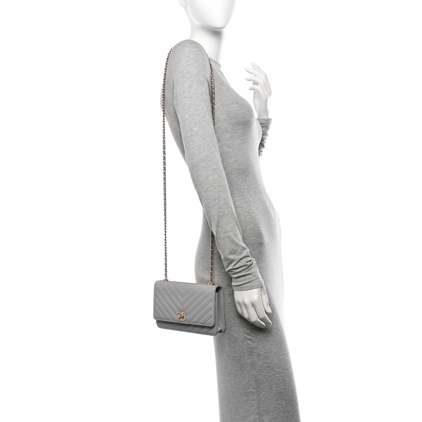 Lambskin Chevron Quilted Trendy CC Wallet On Chain WOC Grey