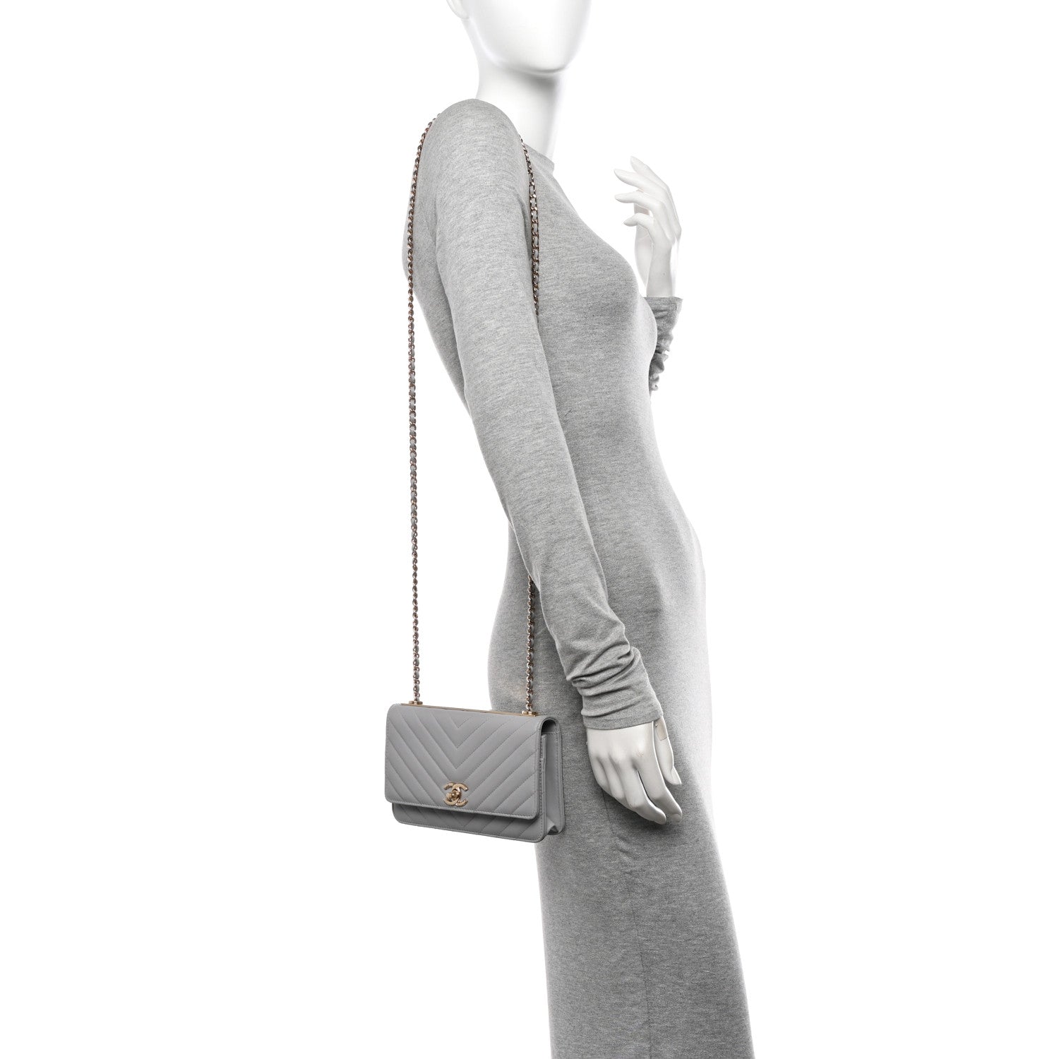 Chanel Lambskin Chevron Quilted Trendy CC Wallet On Chain WOC Grey 2 of 12
