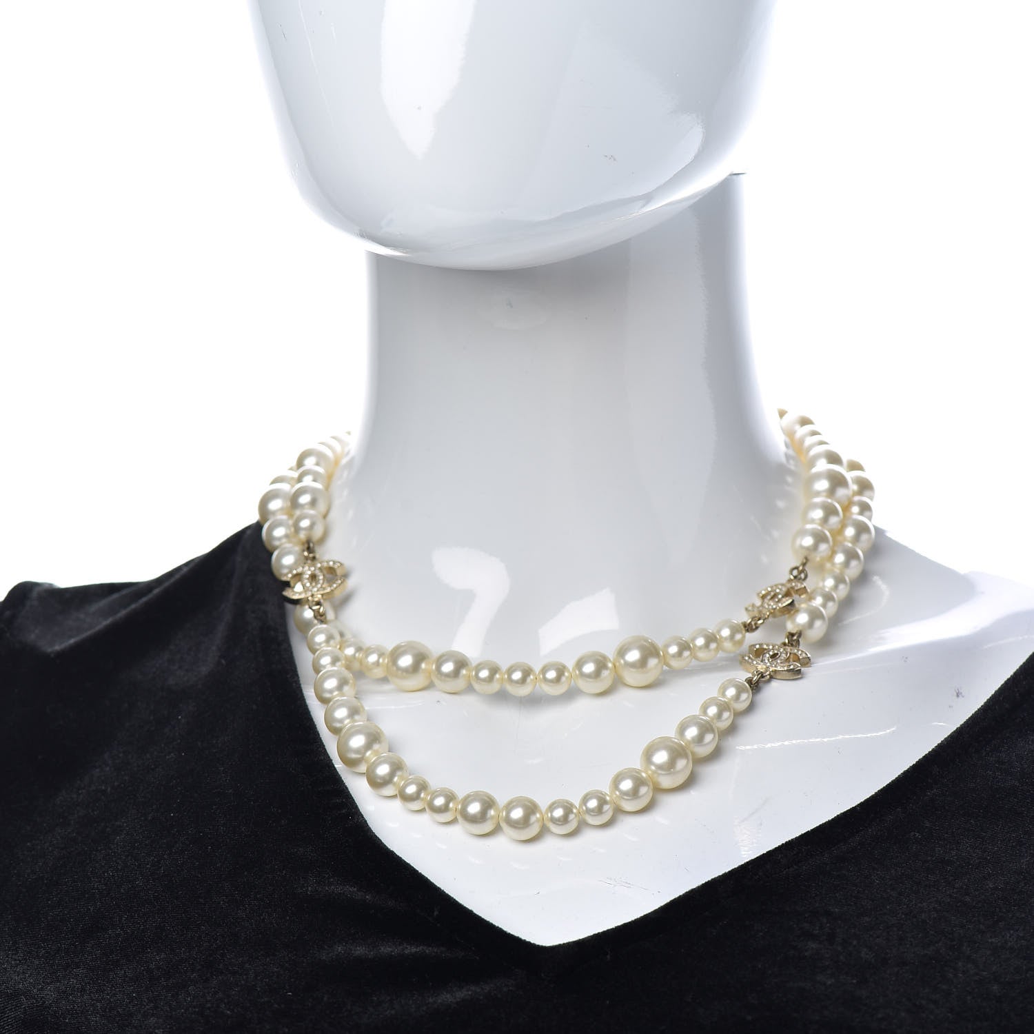 Chanel Graduated Pearl Crystal CC Long Necklace Light Gold 2 of 5