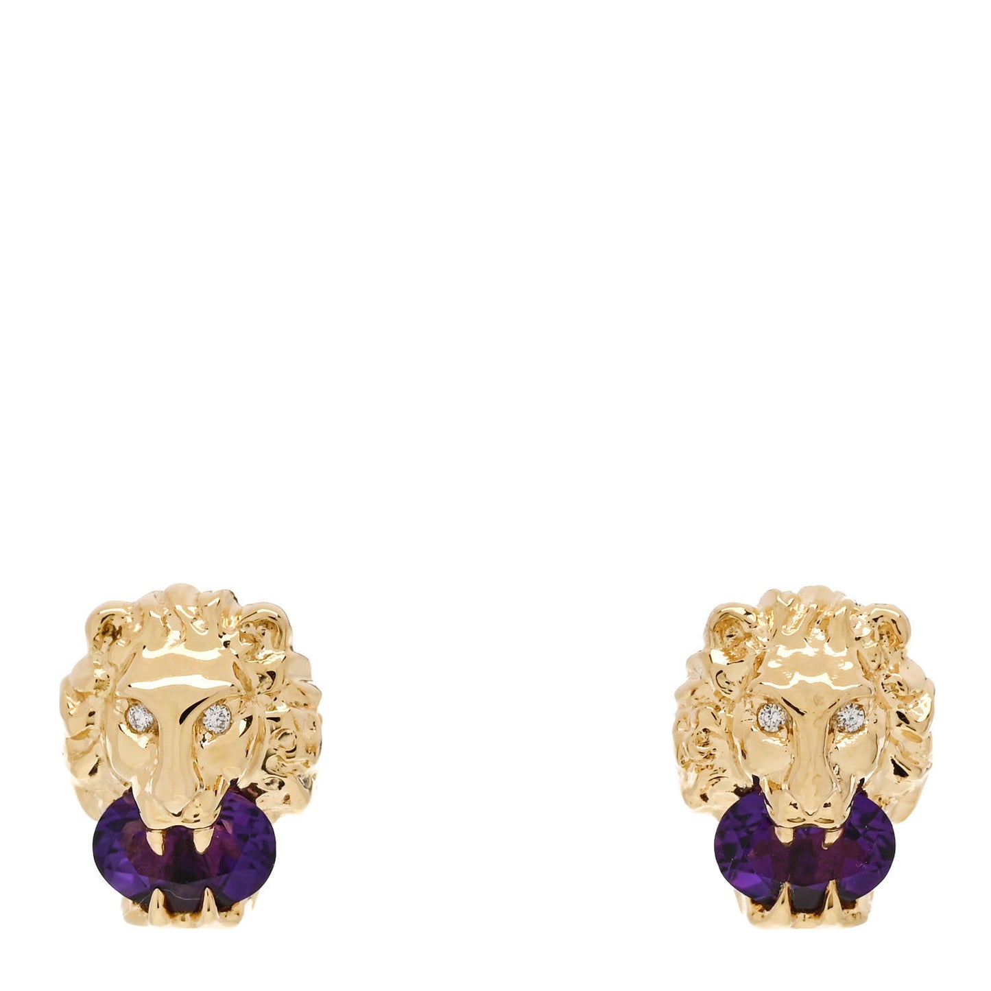 18K Yellow Gold Diamond Amethyst Lion Head Stud Earrings